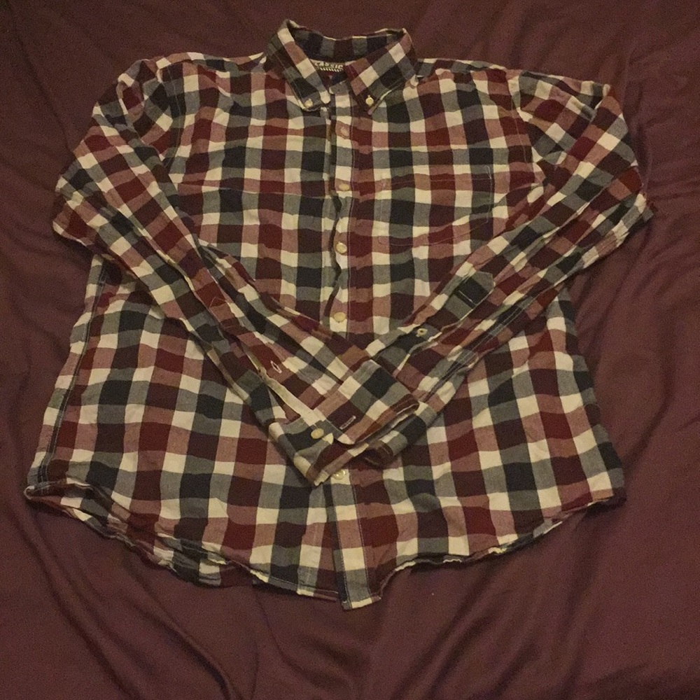 Red white and blue plaid long sleeve button down.